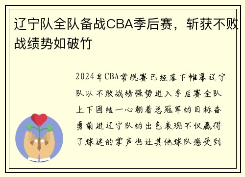 辽宁队全队备战CBA季后赛，斩获不败战绩势如破竹
