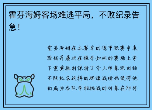 霍芬海姆客场难逃平局，不败纪录告急！