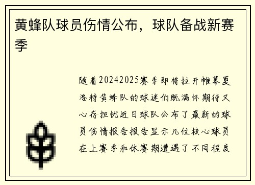 黄蜂队球员伤情公布，球队备战新赛季